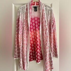 NIC + ZOE PINK/ WHITE
MULTICOLOR DIAMOND KNIT OPEN CARDIGAN SWEATER SIZE M